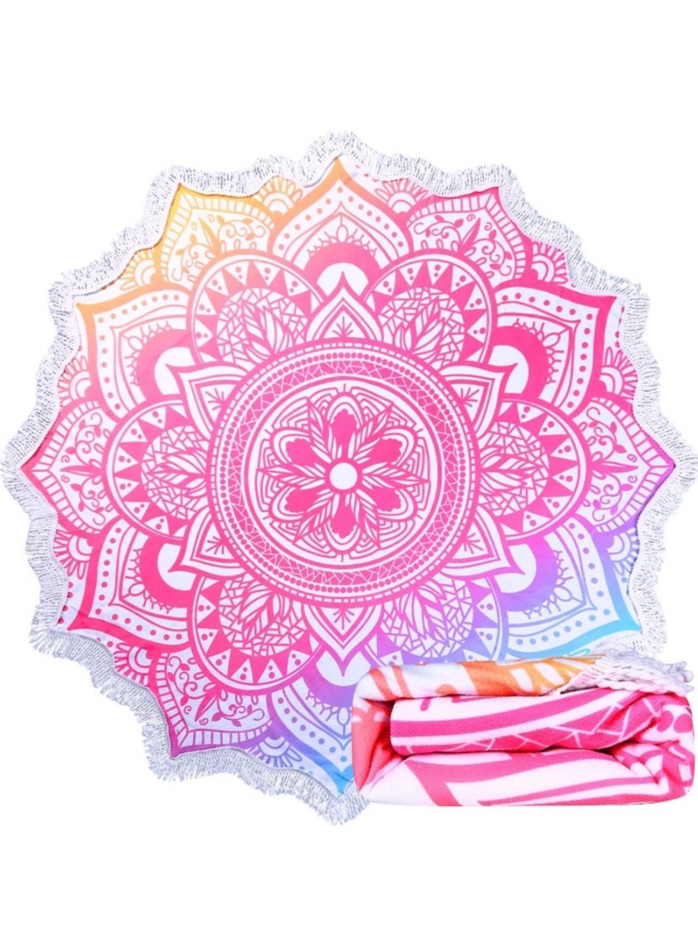 Round Pink Mandala Beach Towel with Fringe